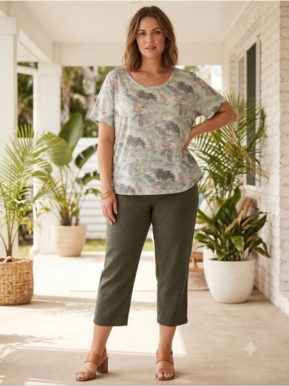 C & C California Women's 100% Linen Blouse XXL SS Tropical Print Oversized